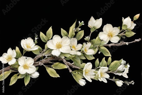 Minimalistic digital illustration of a tree branch with white flowers and green leaves on black background.