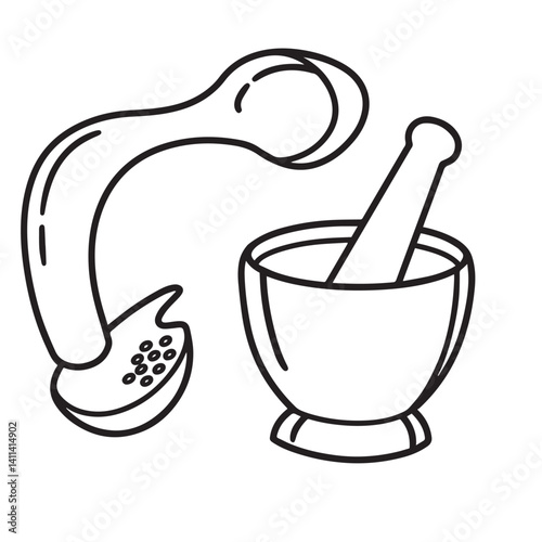 mortar and pestle Kitchen icon vector coloring page bold black line art Silhouette