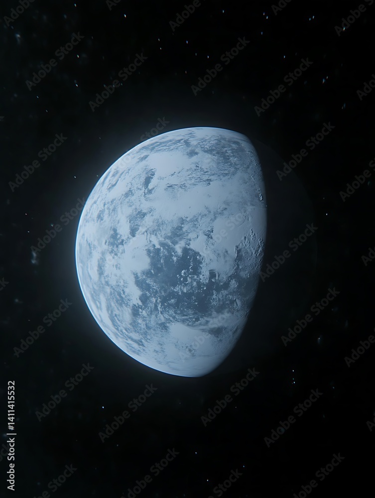 Fototapeta premium A distant planet with icy surface floating in dark outer space