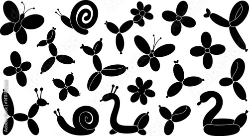 Balloon Animal Vector Silhouettes Butterfly Swan Snail Flower Dog On White Background