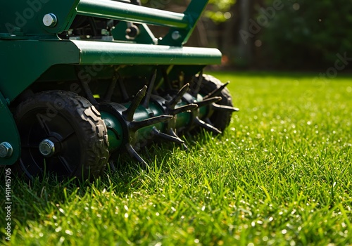 Lawn aerator machine, close-up view, sharp metal spikes, lush green grass, sunlit lawn, Garden roller aerator perforating grass turf for improved drainage and root growth, garden maintenance