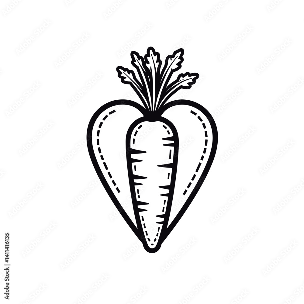 Carrot illustration in heart shape in black and white style Carrot illustration in heart shape in black and white style