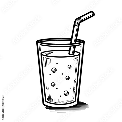 Glass of bubbly beverage with straw in black and white style  
