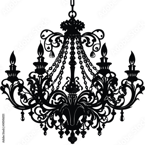 Elegant Black Silhouette Chandelier Vector Art, Ornate Design, Decorative Lighting Fixture