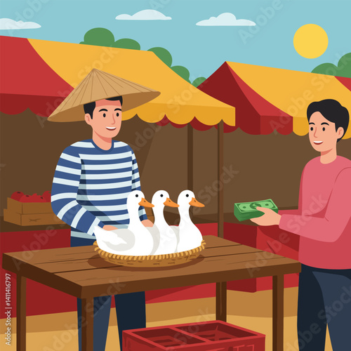 Buying Ducks at Outdoor Market with Money