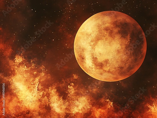 A fiery celestial body surrounded by an expanse of cosmic dust
