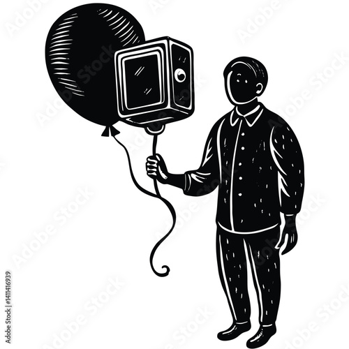 Black and White Woodcut Illustration: Man Holding Balloon and Vintage Television