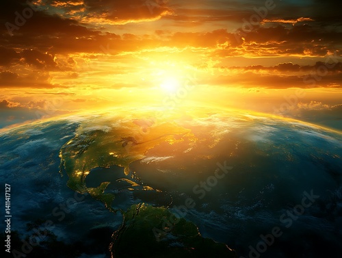 The bright sun rising over the surface of the planet earth