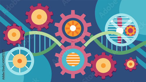A series of interconnected gears portraying the intricate machinery of gene expression and regulation within the human genome.. Vector illustration