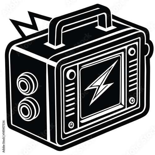 Black and White Cartoon Welder with Lightning Bolt Logo and Handle, Vector Art