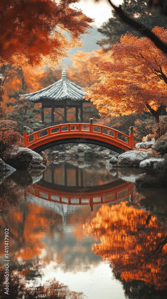 Fototapeta premium Tranquil autumn scene featuring a red bridge over a serene pond surrounded by vibrant foliage