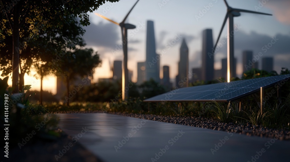 Fototapeta premium Urban park with solar panels, wind turbines, and city skyline at sunset
