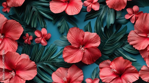Vibrant Tropical Floral Arrangement with Realistic Hibiscus and Foliage on a Blue Background
