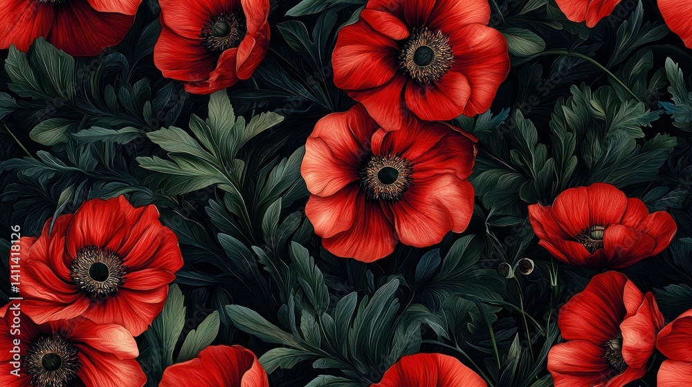 custom made wallpaper toronto digitalRealistic Floral Background with Vibrant Red Anemones and Lush Green Foliage for Stunning Visual Appeal
