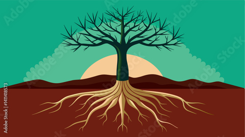 The lone trees roots run deep anchoring it to the ground and enabling it to withstand the harshest of winds.. Vector illustration