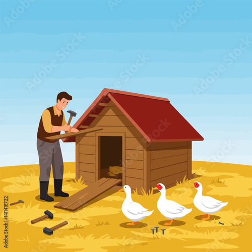 Man Building Coop for Geese in Rural Setting