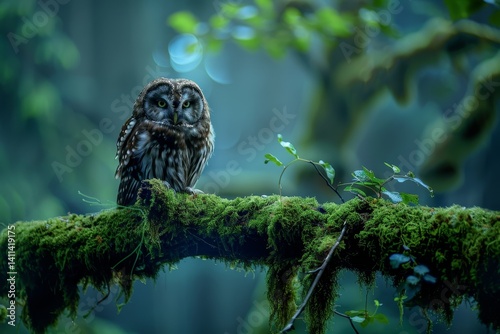 A wise old owl sits perched on a mossy branch in a lush forest, A wise old owl perched on a moss-covered branch