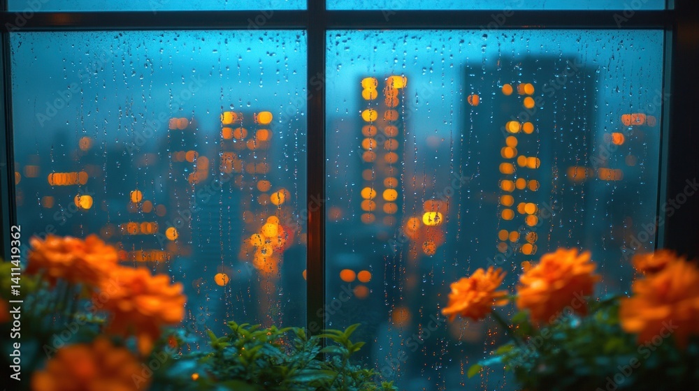 Obraz premium Rainy night city view from window with flowers