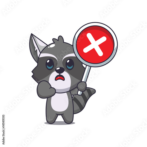 Cute raccoon cartoon vector illustration with wrong sign