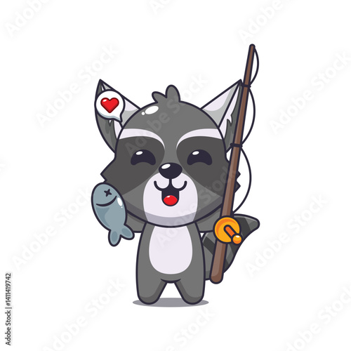 Cute raccoon cartoon vector illustration catching fish with fishing rod