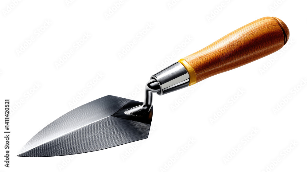 Mason's Trowel: A sharp, high-quality mason's trowel with a wooden handle, isolated against a white background. The trowel is perfect for applying mortar, plaster, and other building materials.