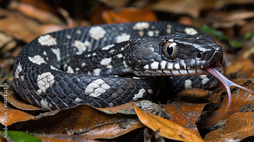 A coiled black snake with white markings and its tongue out A coiled black snake with white markings and its tongue out