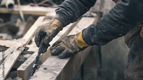 A demolition worker carefully dismantling a building. Featuring technique and safety