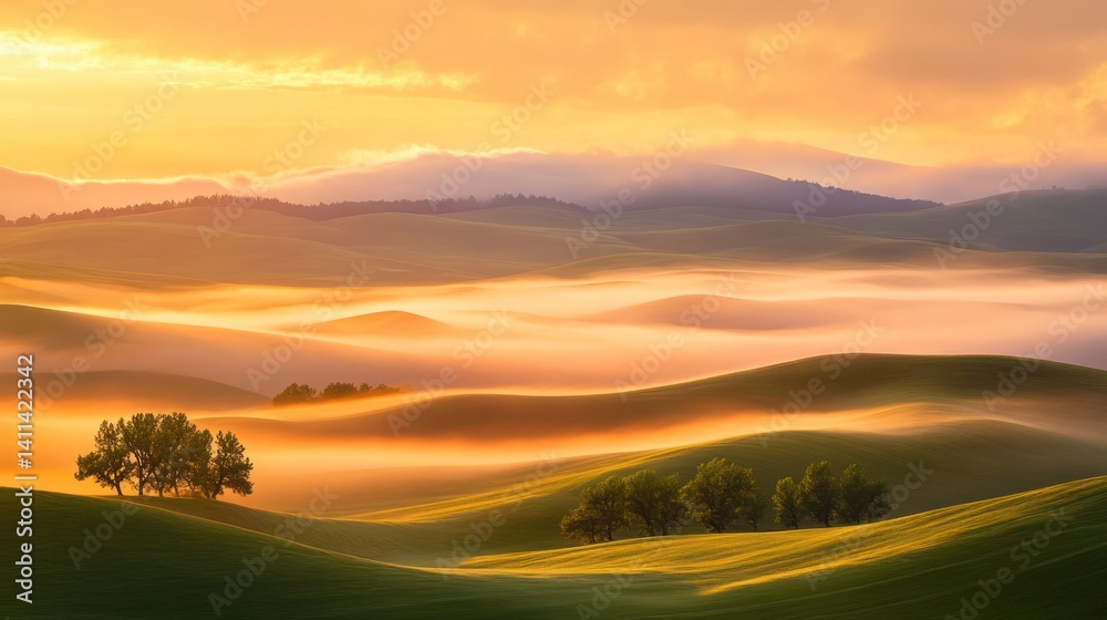 Obraz premium Golden Hour Serenity: Misty Rolling Hills at Sunrise