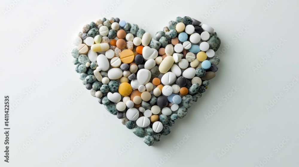 Assorted medical pills forming a heart shape on white background Assorted medical pills forming a heart shape on white background