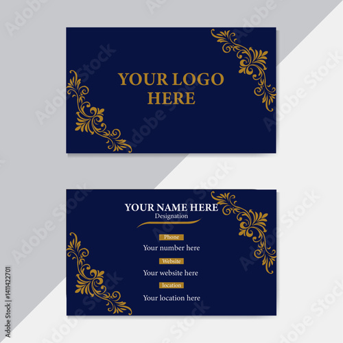 modern business card template design with blue and golden color.
