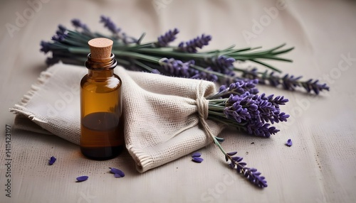A bottle of lavender oil on sackcloth. Lavender oil and fresh lavender flower bouquet