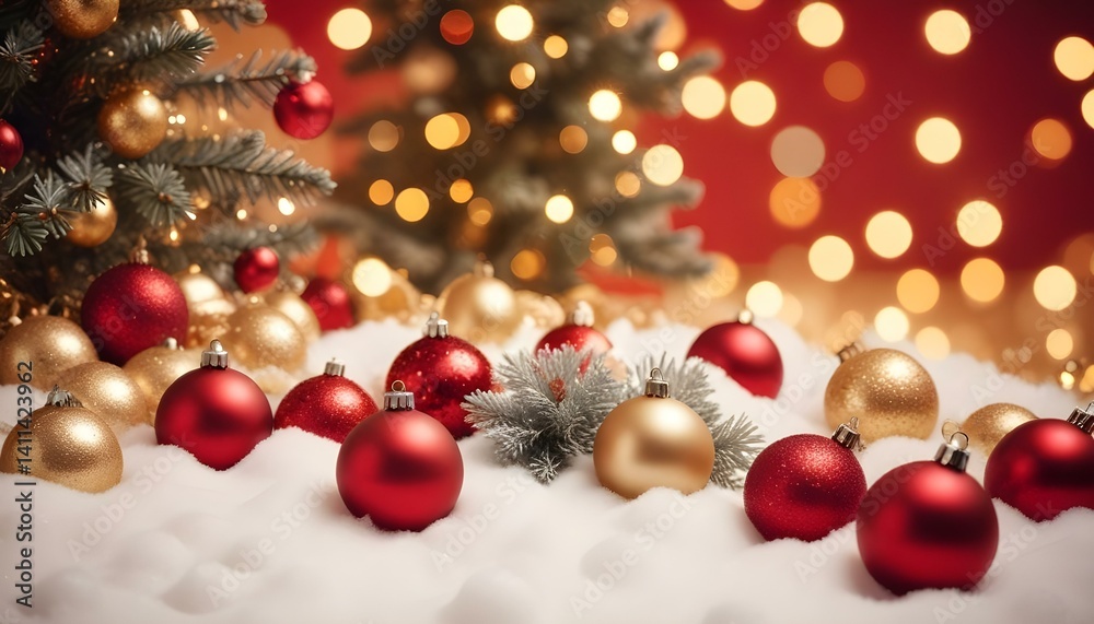 Christmas background with trees, snow and snowballs on a background of blurry lights. Christmas decor on a background of bokeh lights, copy space