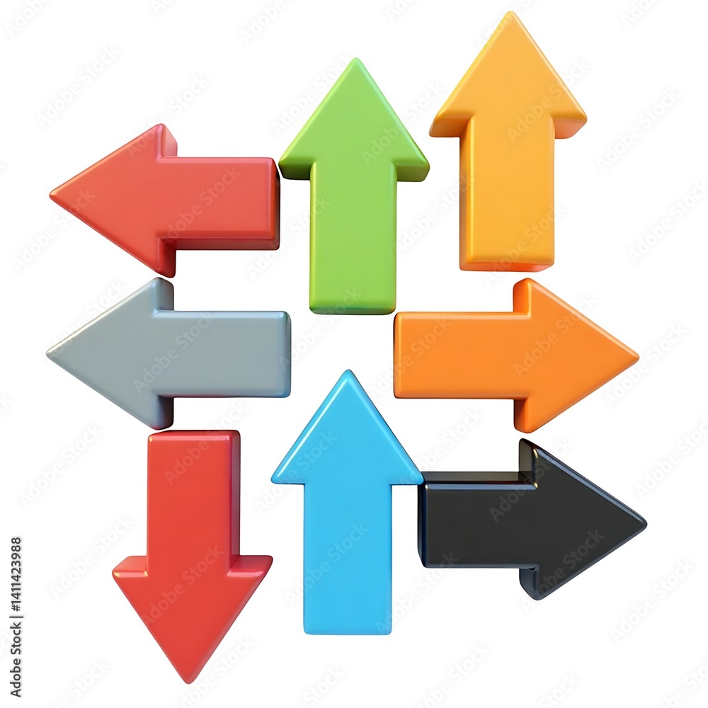 Colorful 3D arrow icons diverse directions plastic design white Colorful 3D arrow icons diverse directions plastic design white
