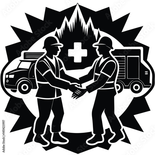 Emergency Response Teamwork Illustration: First Responders Shaking Hands, Ambulance Vehicles, Medical Cross, Black and White Graphic