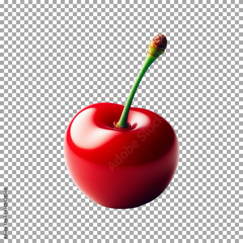 Glossy Red Cherry with Stem and Leaf - Fresh Fruit Design on transparent background, png, psd
