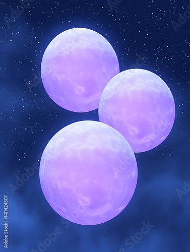 Three luminous spheres floating in a dark starry nighttime sky