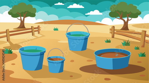 The empty buckets and water troughs surrounding the dry pond spoke volumes about the daily struggle for water in the farmyard.. Vector illustration