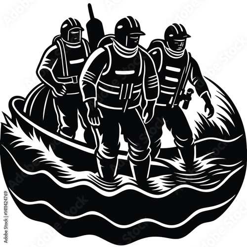 Woodcut Illustration of Coast Guard Rescuers in Boat on Rough Sea: Search & Rescue Team, Maritime Emergency, Black & White Graphic
