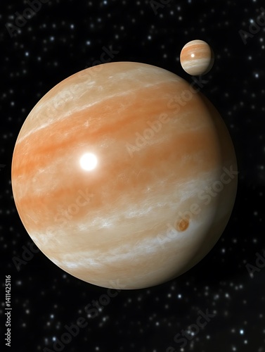 A large gas planet and small moon are floating in space