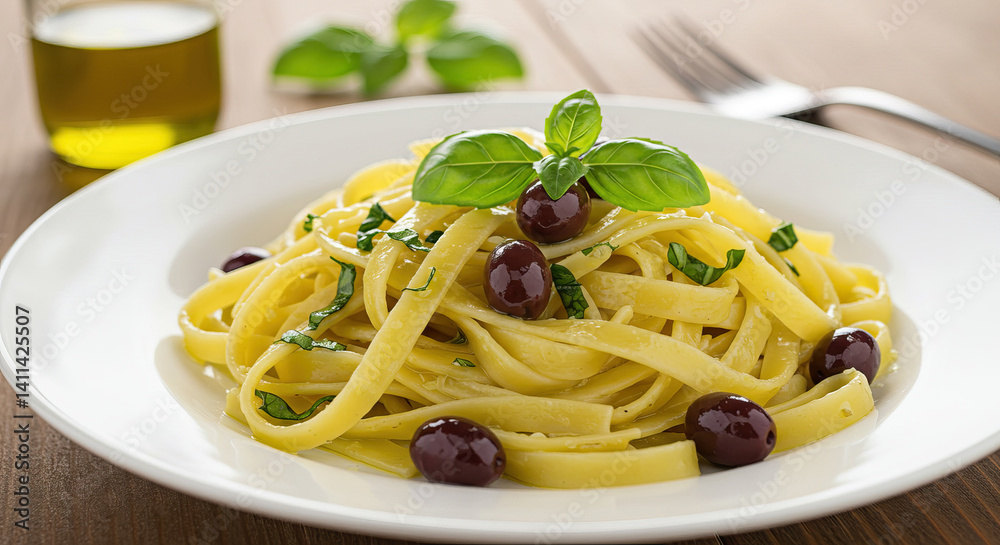 Fresh italian pasta dish with basil and olives on a wooden table