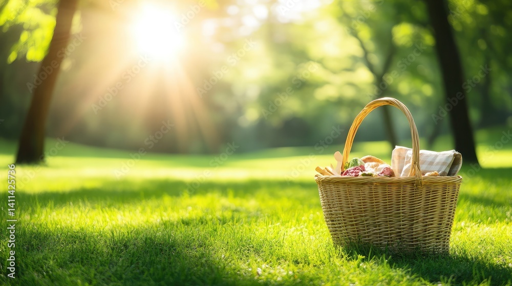 A bamboo picnic basket with neatly packed lunch, placed under shade on green grass A bamboo picnic basket with neatly packed lunch, placed under shade on green grass