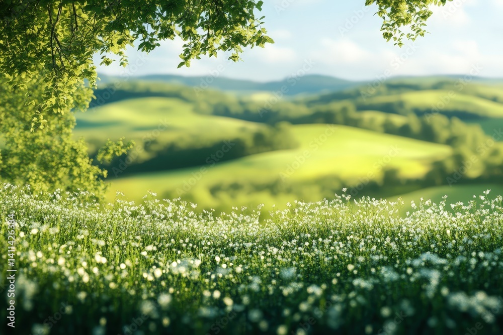 Fototapeta premium Lush green hills and wildflowers bathed in morning sunlight.