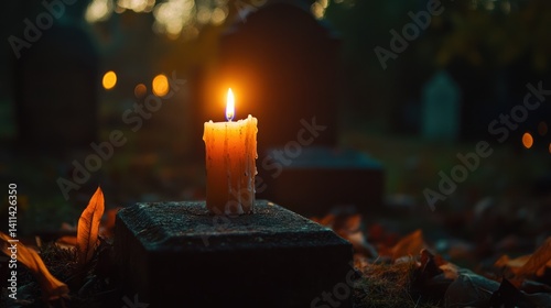 Evocative graveyard scene featuring a lit candle symbolizing remembrance and grief