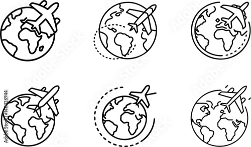 World Travel Line Icon – Earth and Airplane Vector

