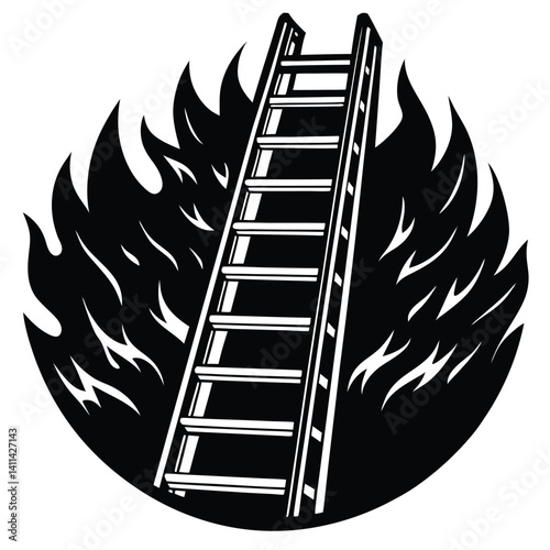 Ladder in Flames Vector Illustration: Black and White Graphic of Fire Escape Ladder for Safety and Emergency Design Projects
