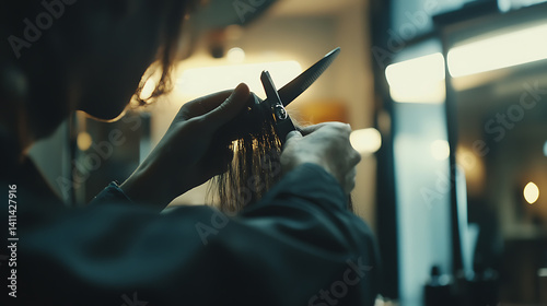 A hairdresser cutting hair in a salon. Featuring sharp scissors and technique