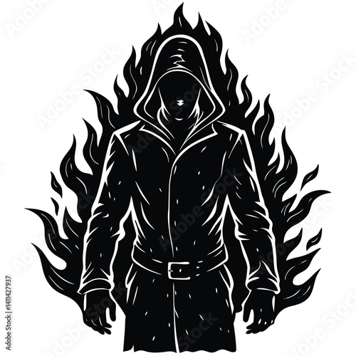 Mysterious Figure in Hooded Cloak Surrounded by Flames: Dark Fantasy Illustration, Silhouette Art, Enigmatic Character Design