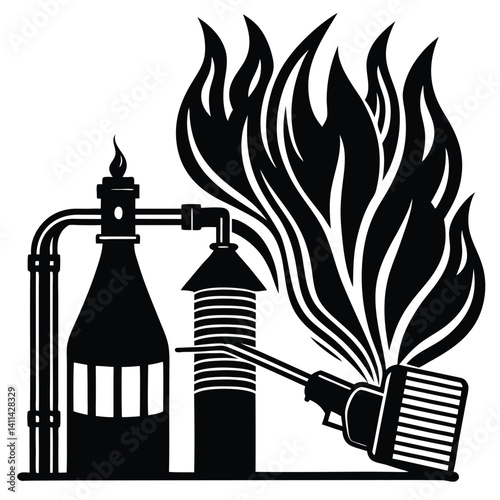 Oil Refinery Fire Black and White Vector Illustration, Industrial Disaster, Environmental Hazard, Pollution, Danger Icon Graphic