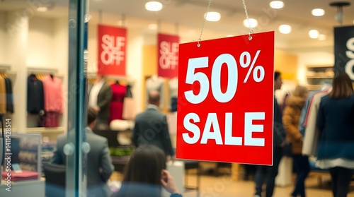 Red tag sale 50 percent discount on clothing store window on blured shop background Black Friday and Holiday season sale banner