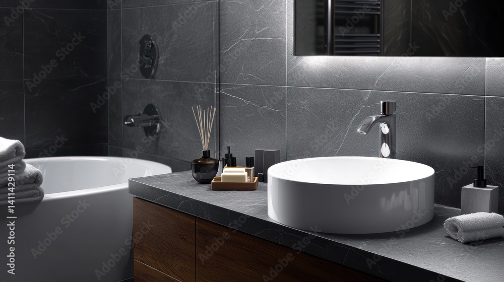 Fototapeta premium Modern bathroom interior with gray stone, round sink, and soaking tub